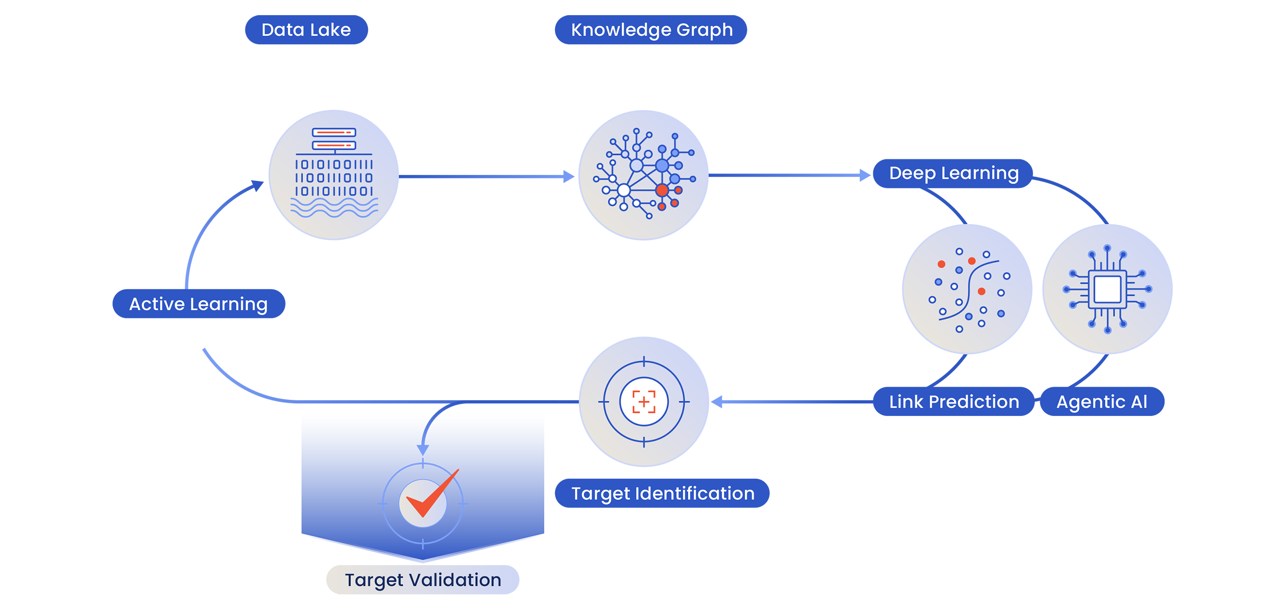 Schematic overview of Paratus’s platform for target identification, including data lake, knowledge graphing, and deep learning AI and neural network models which output a target for validation and continuously feed back data to improve the models.